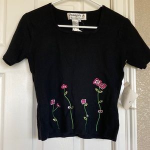 Joseph A. Black Short Sleeve Flower Sweater